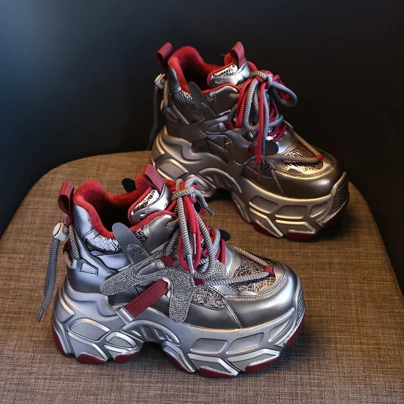 Мода 10см Микрофибра Натуральная Кожа Вулканизированные Массивные Кроссовки Платформа Танкетка Модная Весенняя Обувь Ботильоны Женские Осень