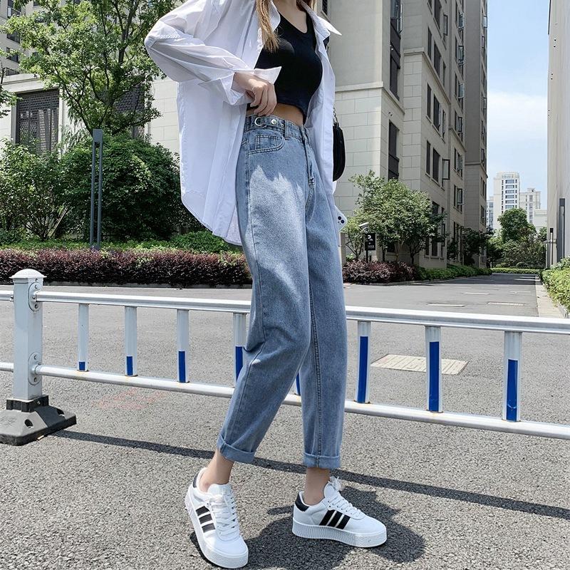 Весенне-осенние женские джинсовые брюки с высокой талией, свободные утягивающие джинсы, универсальные шаровары, укороченные брюки