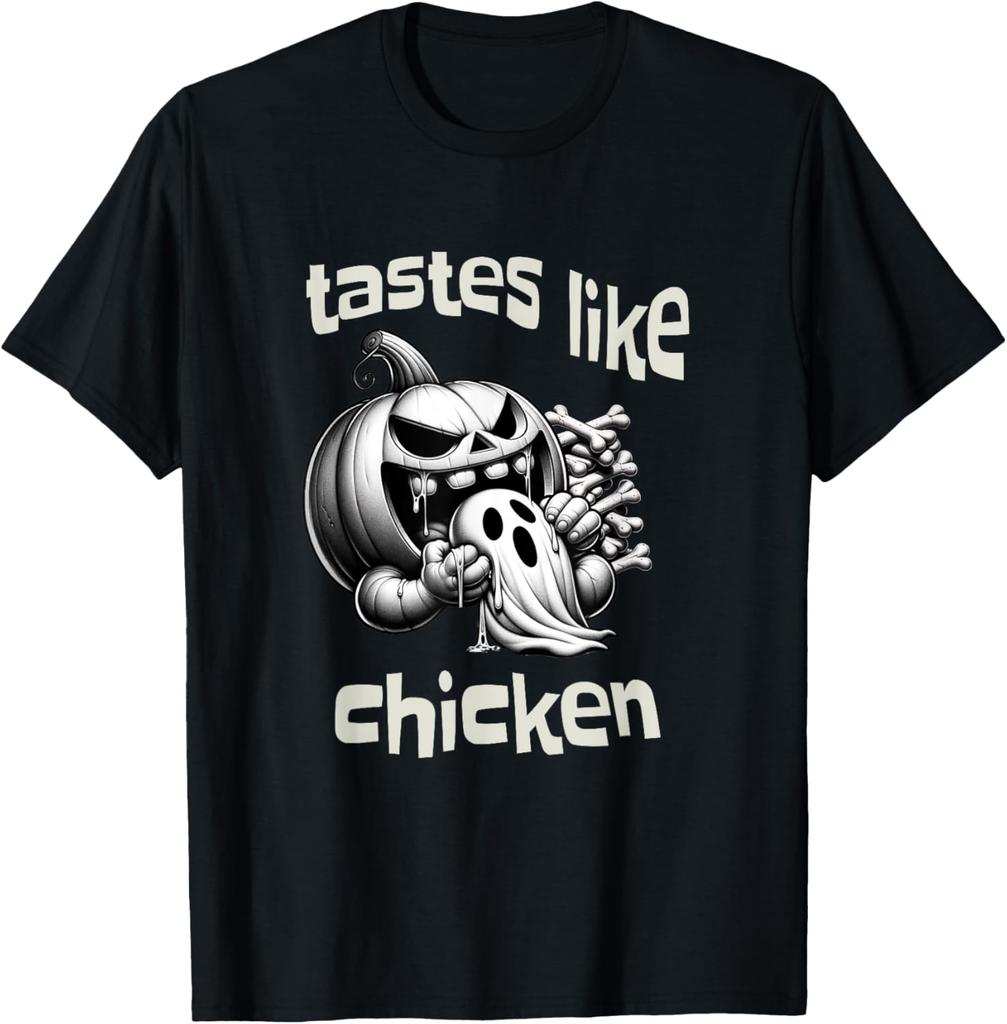 Funny Halloween Pumpkin Eating Ghost Tastes Like Chicken T-Shirt Personalized Clothing Customizable Printed T-shirt