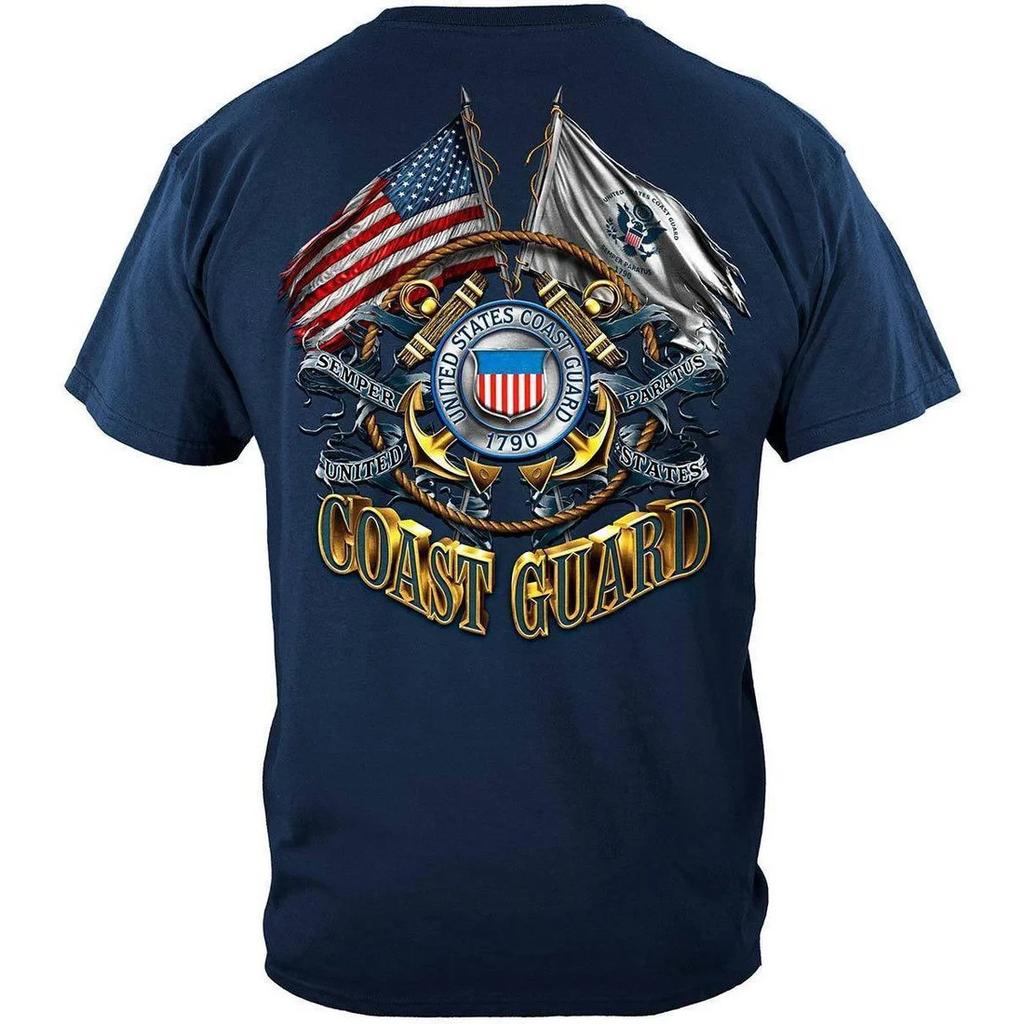U.S. Coast Guard Double Flag T-Shirt Patriotic Military USA Veteran Graphic Tee