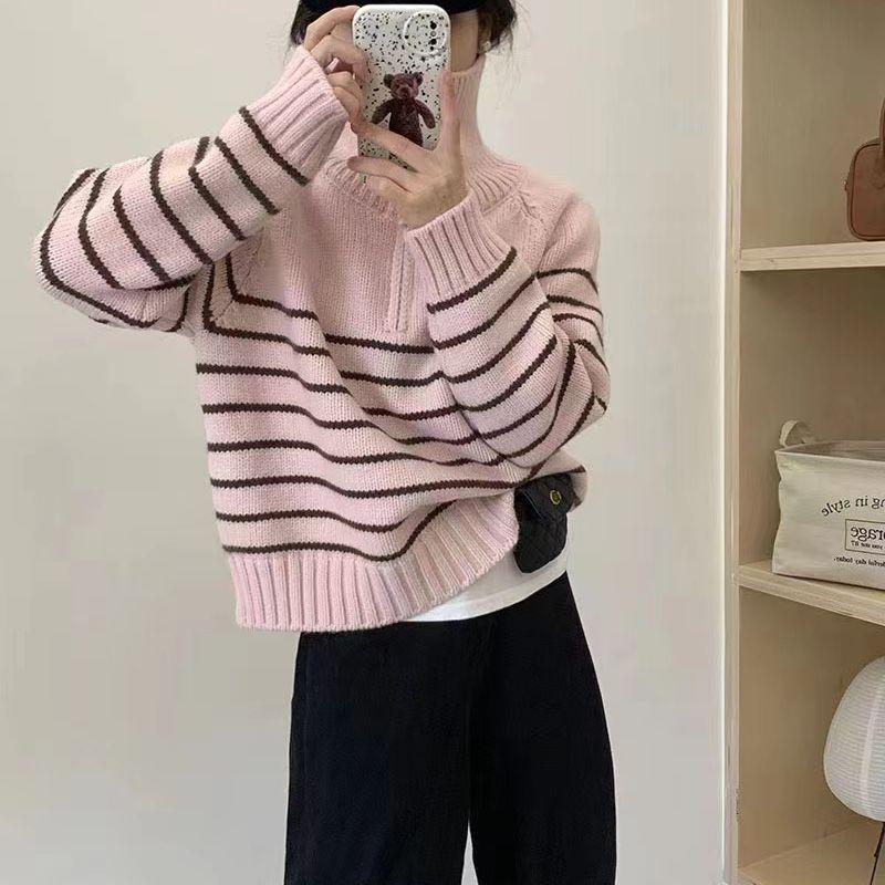 Pullover Female Versatile Design Sense Autumn Glutinous Contrast Loose Cover Flesh Stripe Knit Pullover Sweater Female Top