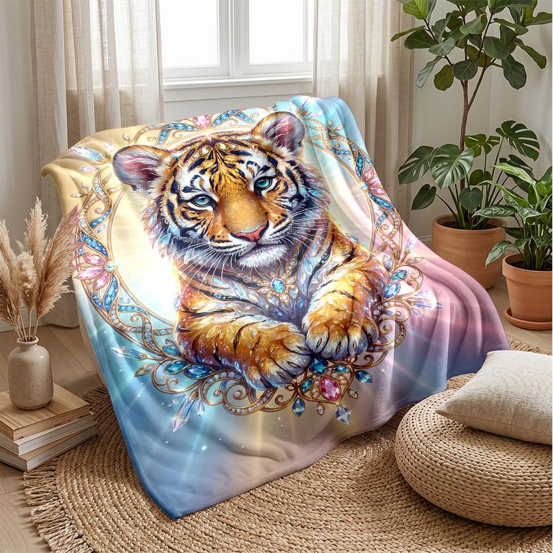 Elegant Tiger with Roses Theme blanket Lightweight Warm Flannel Blanket Decorative Throw Blanket for Home Decoration