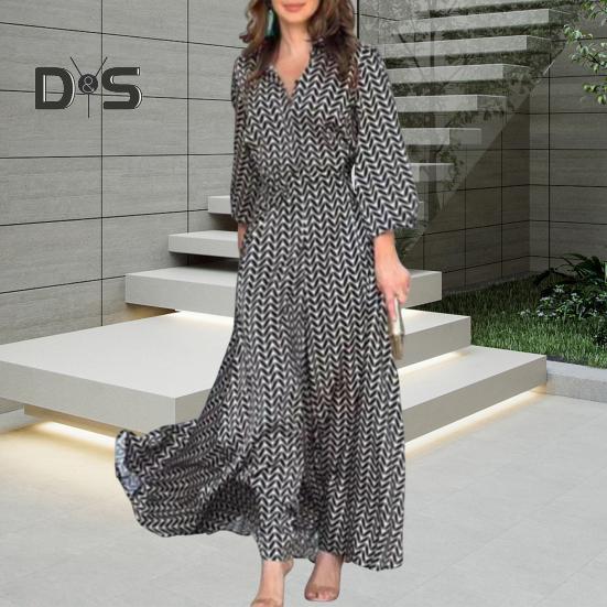 Женское летнее макси-платье с V-образным вырезом и длинным рукавом, струящееся платье А-силуэта, повседневный длинный пляжный сарафан для повседневных вечеринок в отпуске