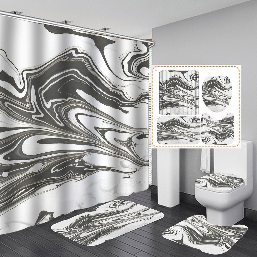 4Pcs Luxury Marble Shower Curtain Sets Bathroom Decor Sets with 12 Hooks Bath Mat Toilet Lid Rug and Non-Slip U Shape Mat