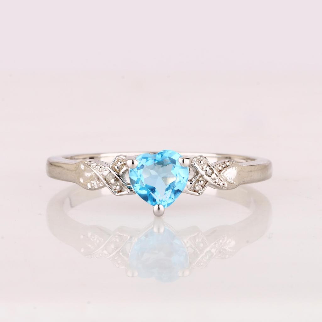 925 Sterling Silver Swiss Blue Topaz Heart Ring Diamond Accent Rhodium Plated Women Jewelry Size 8.75