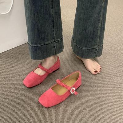 Туфли на плоской подошве, нежные, с ремешком-пряжкой на одно слово, туфли-феи для юбки, замшевые балетки с квадратным носком, женские