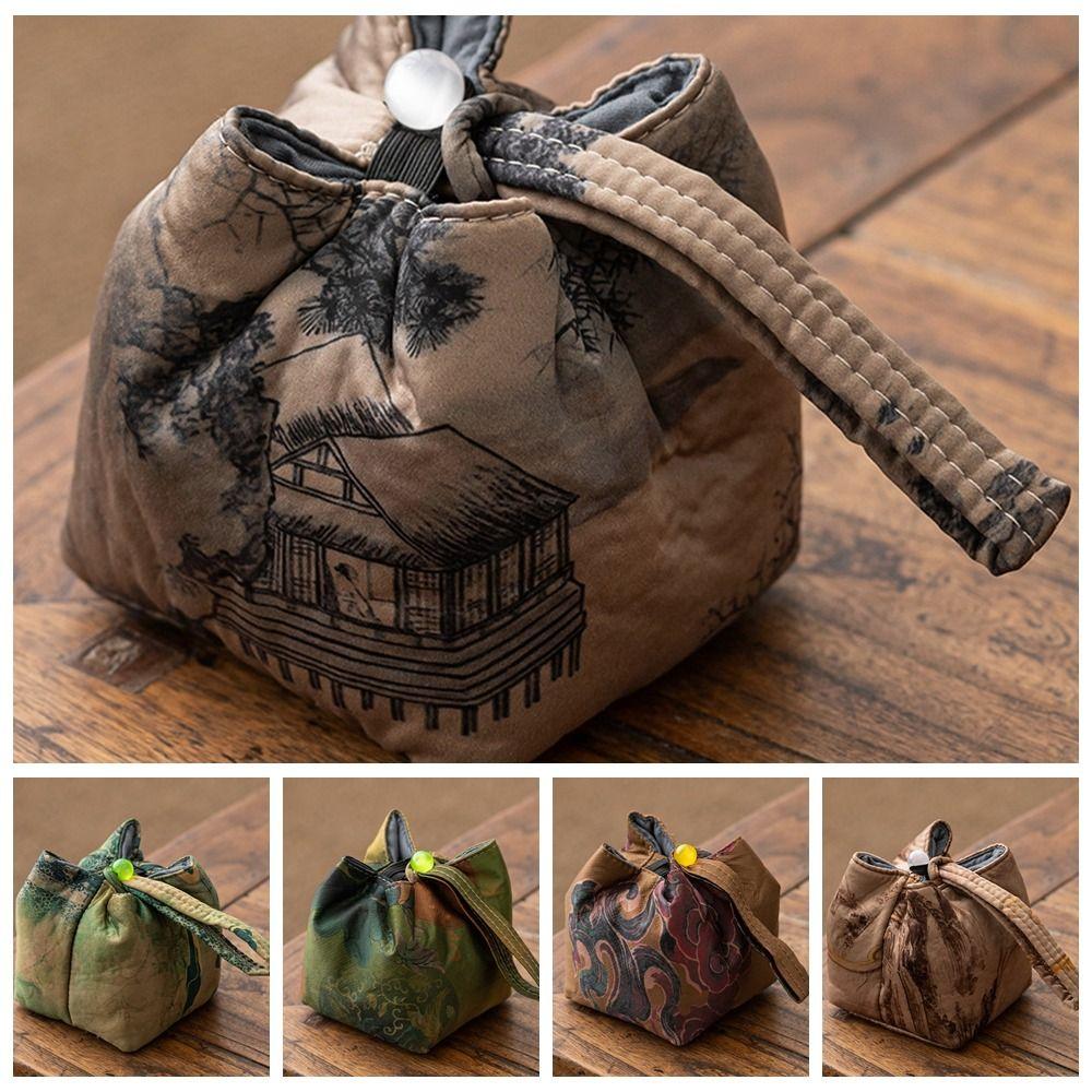 Retro Tea Cup Storage Bag Interwoven Silk Brocade Handbag Printing Teapot Cloth Pouch Camping