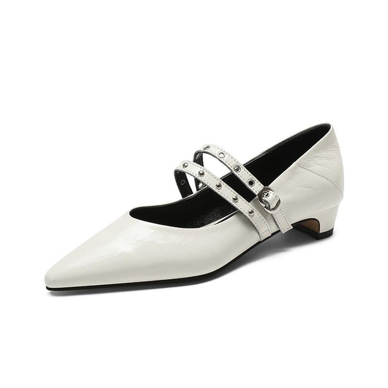Fashion New Spring/summer Mary Jane Shoes Genuine Leather Shoes for Women Fashion Rivet Low Heels Pointed Toe Women Pumps Chunky Heels