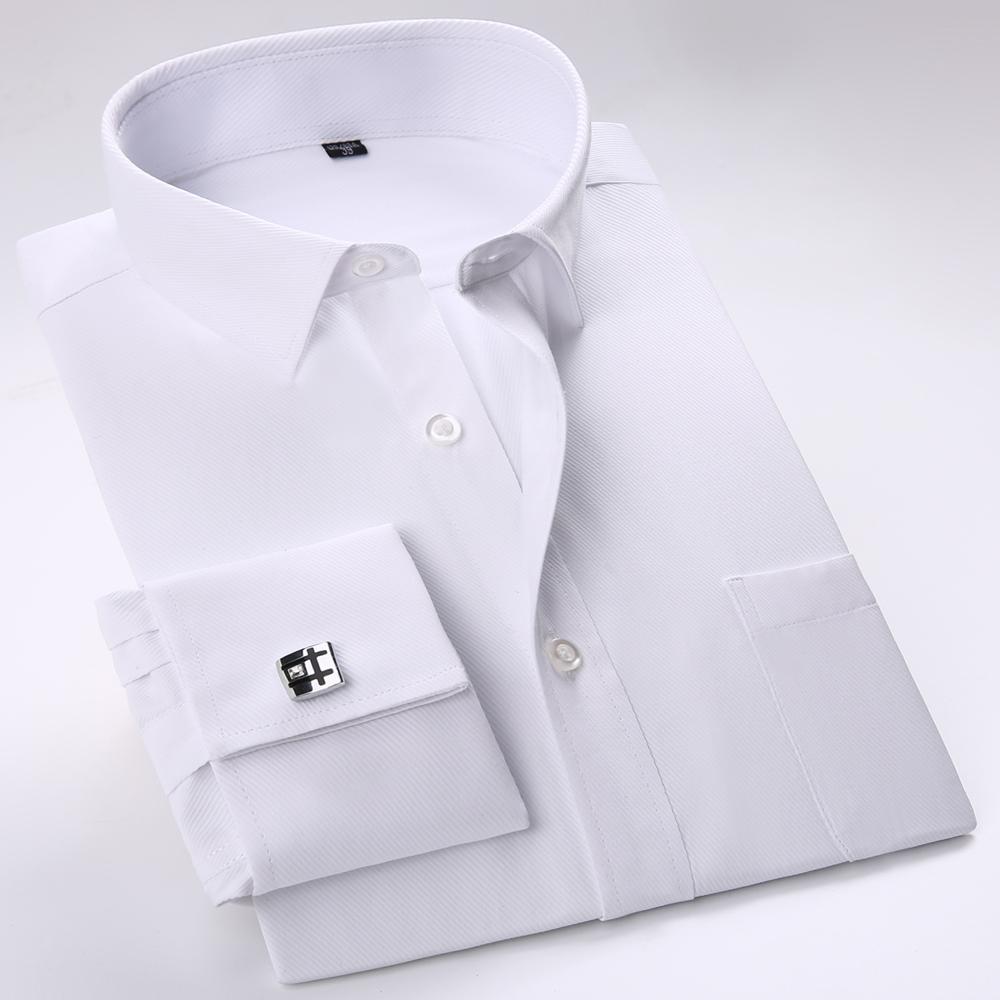 Men's Elegant French Cuff Spread Collar Striped Dress Shirt with Chest Pocket for Formal Business Wedding, Free Metal Cufflinks Included