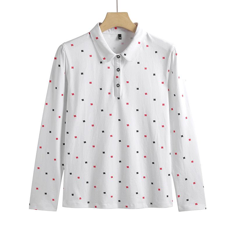 Women's Spring T-shirt New All-over Printed Long-sleeved Lapel Polo Shirt Korean Version Slim Fit Cotton Comfortable Temperament