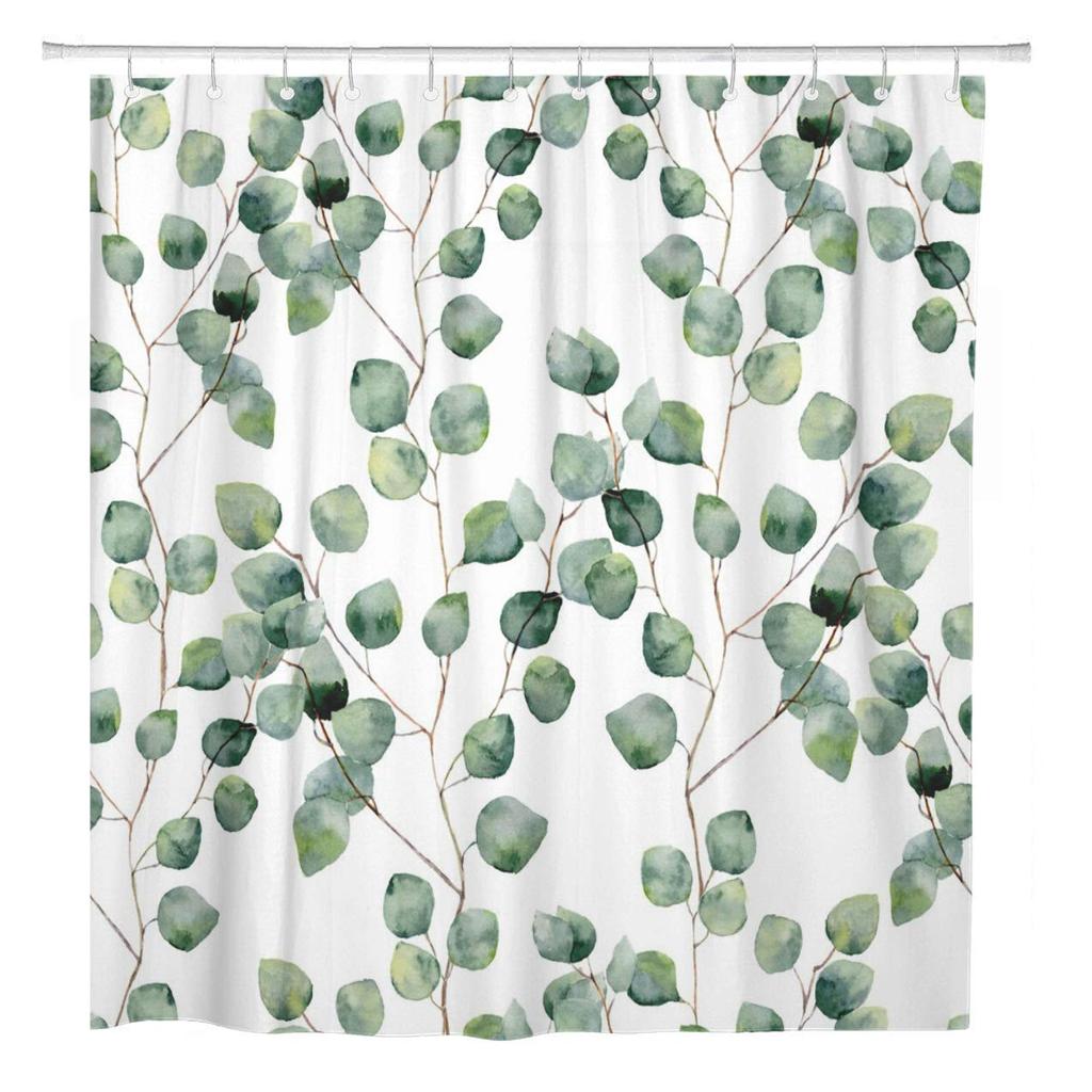 Tropical Green Leaves Plant On White Background Odorless Shower Curtains for Bathroom Showers and Bathtubs Decor with Hooks