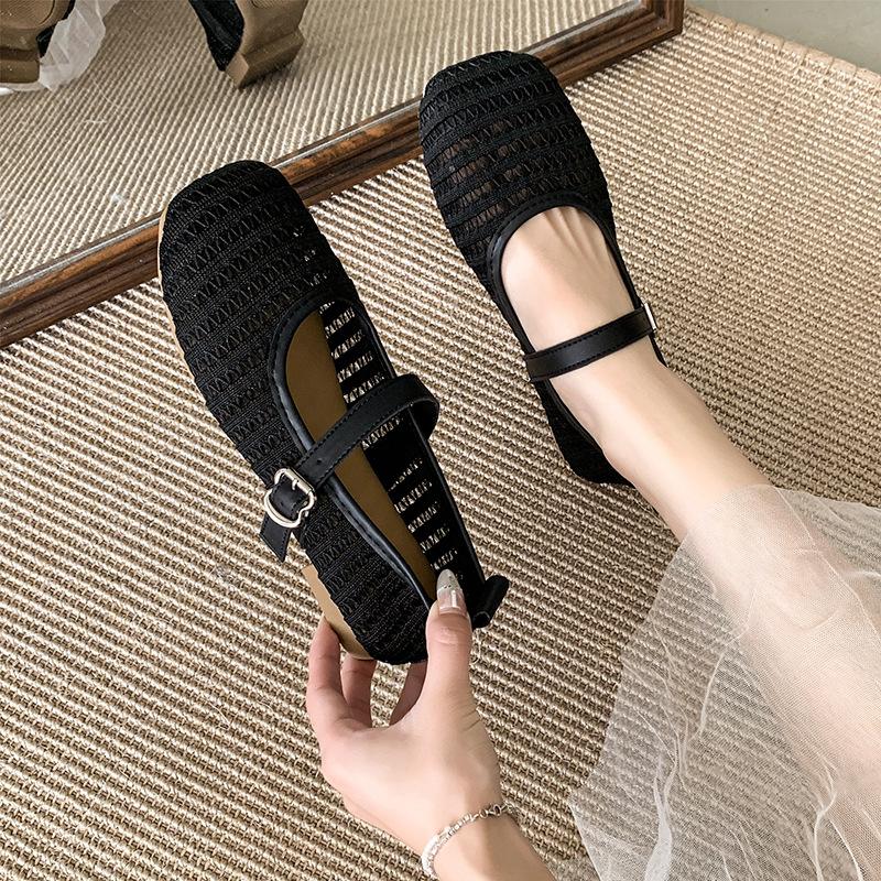 Летние новые сандалии с квадратным носком, мелким вырезом, мягкой подошвой, на плоской подошве, из сетки, дышащие, повседневные туфли Мэри Джейн для женщин