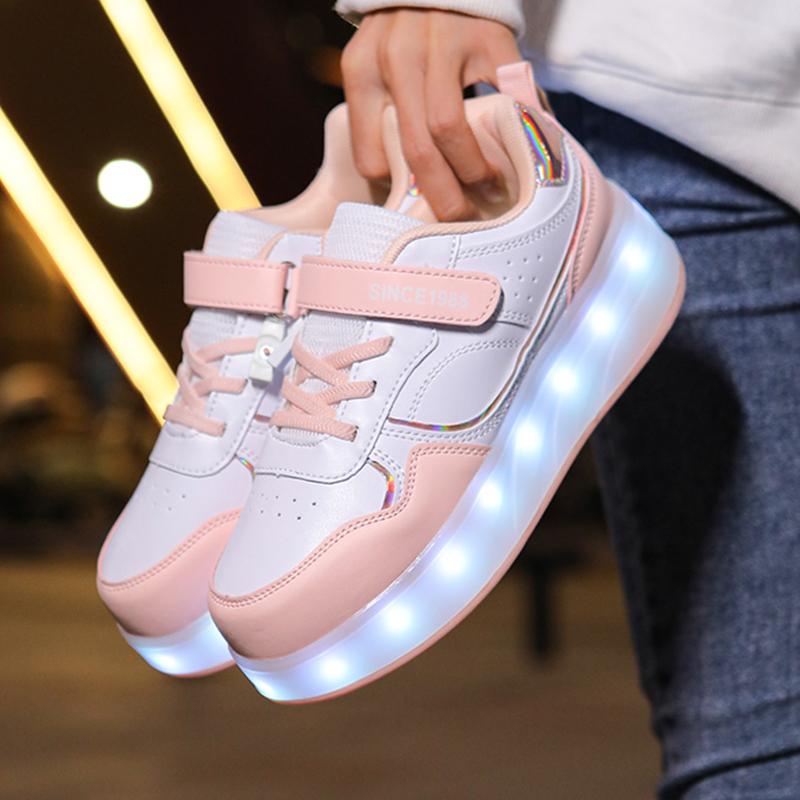 29-38 Детские четырехколесные разборные спортивные туфли на плоской подошве, светодиодные блестящие детские светящиеся кроссовки
