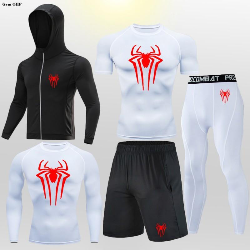 Mens Compression Fitness Set 5pcs Running Gym Workout Suit Long Sleeve Hooded Tight Sportswear Breathable Quick Dry