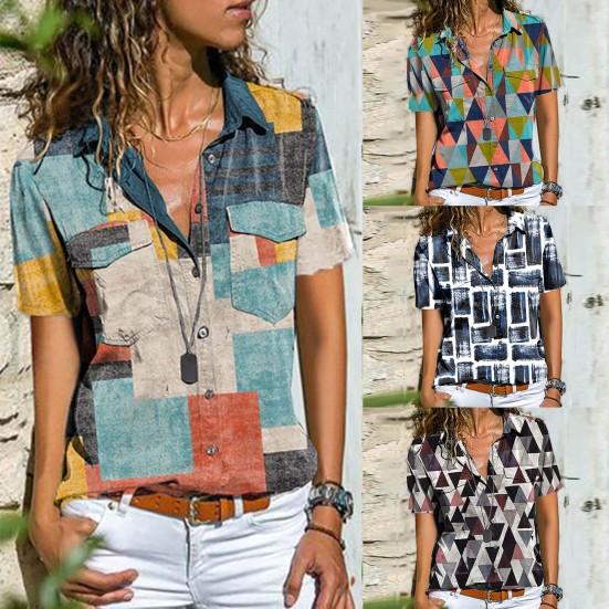 Women Short Sleeve Turn-down Collar Single-breasted Printing Casual T-shirt Blouse Streetwear