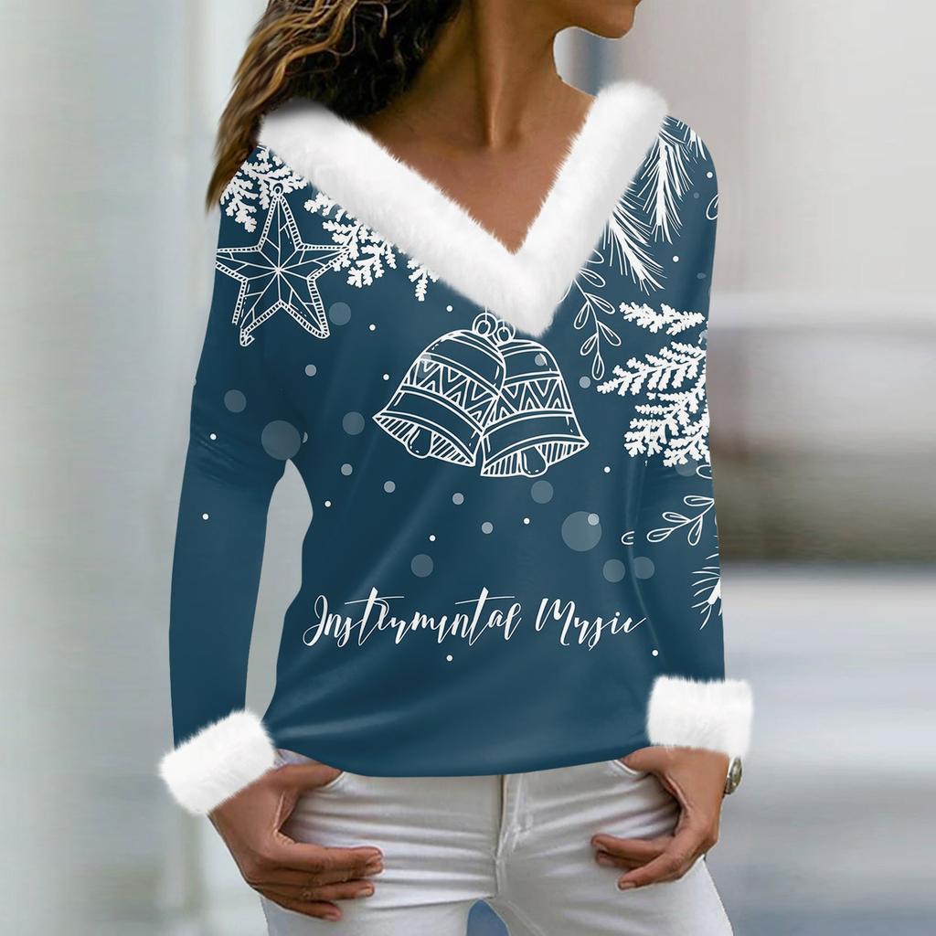 Женская мода повседневная плюшевая кофта с длинным рукавом и V-образным вырезом с рождественским принтом