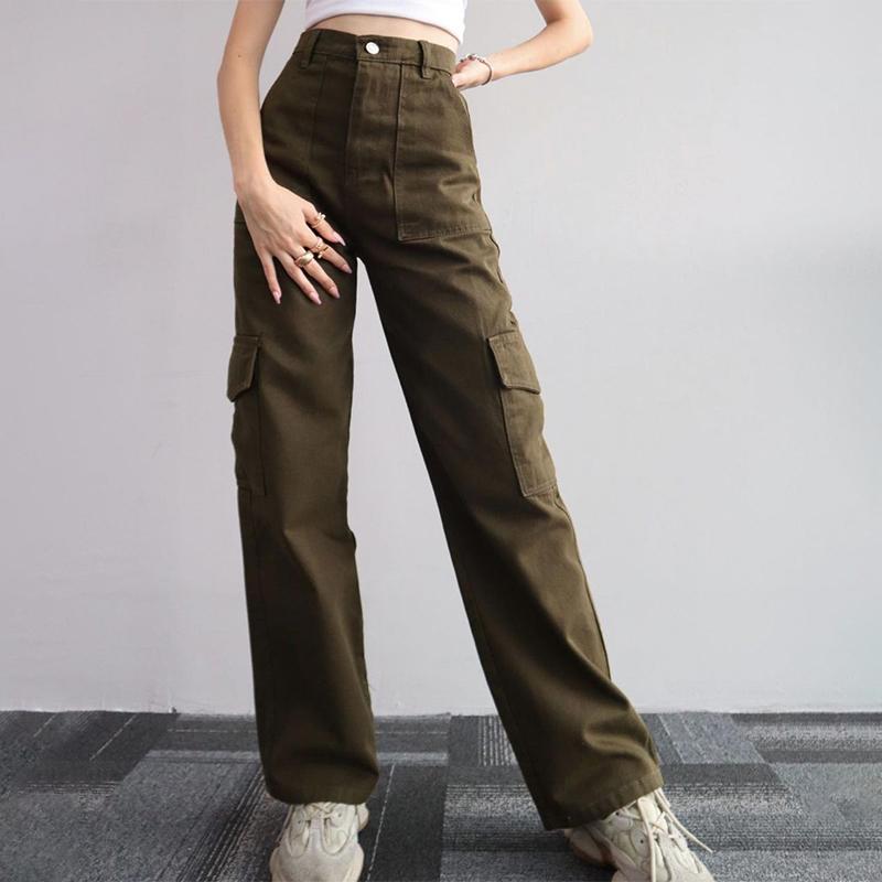 Women's Y2K Clothes Vintage Straight Wide Leg New Baggy Trousers Leisure Waist Pocket Summer High Waist Cargo Pants Streetwear