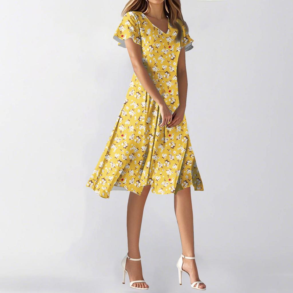 Women's Summer Casual Fashion Flower Print Dress V Neck Short Sleeve Short Skirt