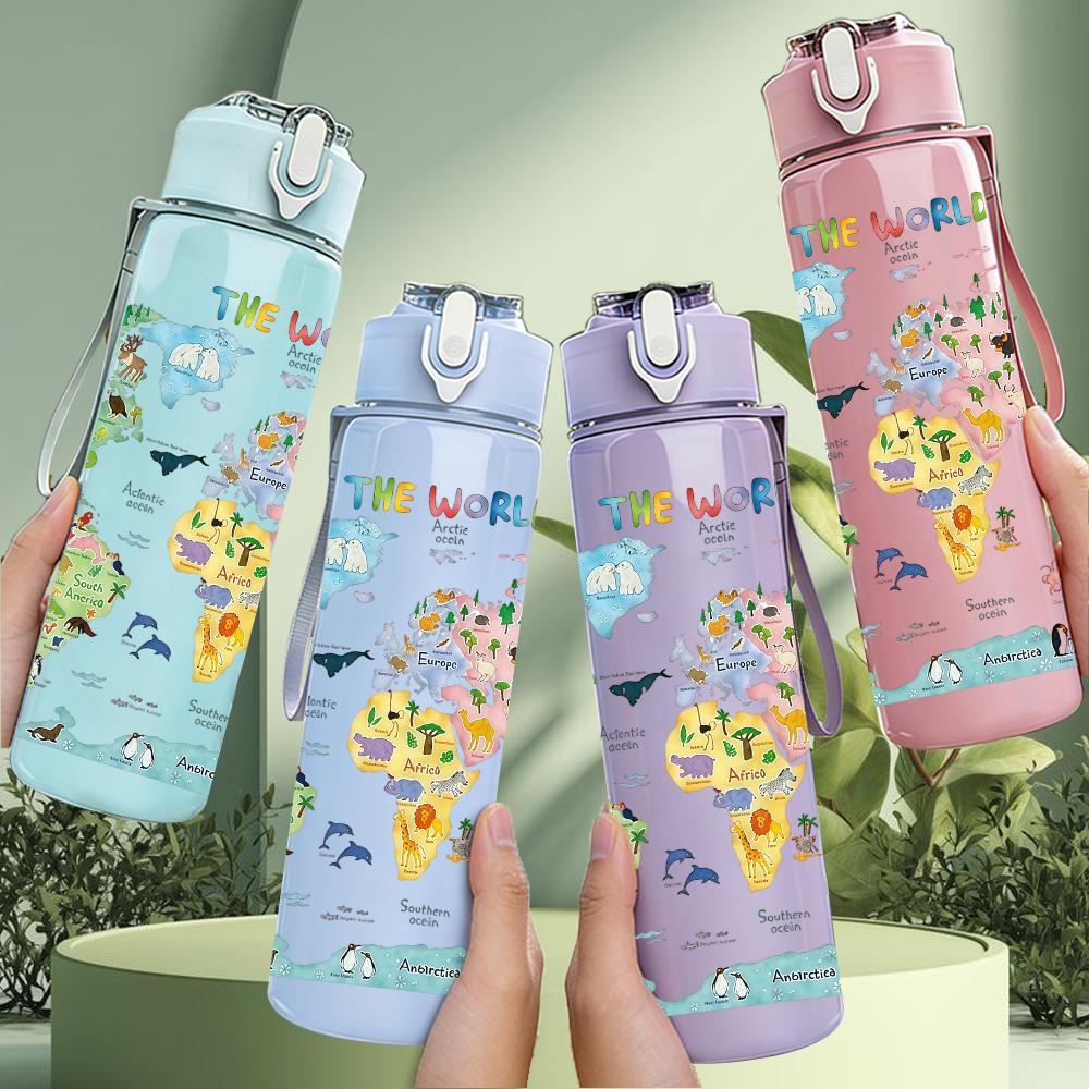 1PC Multicolor Vintage World Map Layout 750ml Color Plastic Water Bottle Leakproof Flip Straw Lid For Sports Office Home Use