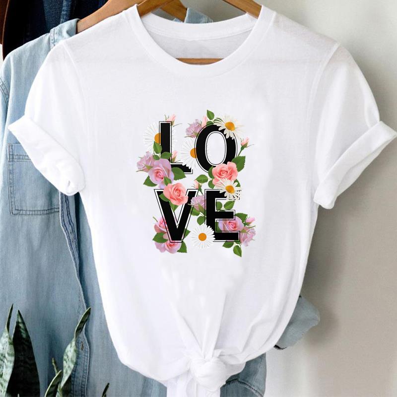 (Asian Size) Tee Top Fashion Love Letter Watercolor Flower T Shirt Women Print Lady Female Clothing Casual Short Sleeve Graphic T-shirt