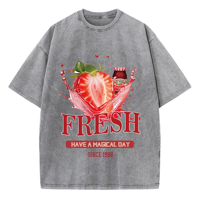 Хлопковые женские футболки с кислотной стиркой, футболки с принтом свежей клубники, оверсайз, удобные, с круглым вырезом, с коротким рукавом, повседневная одежда