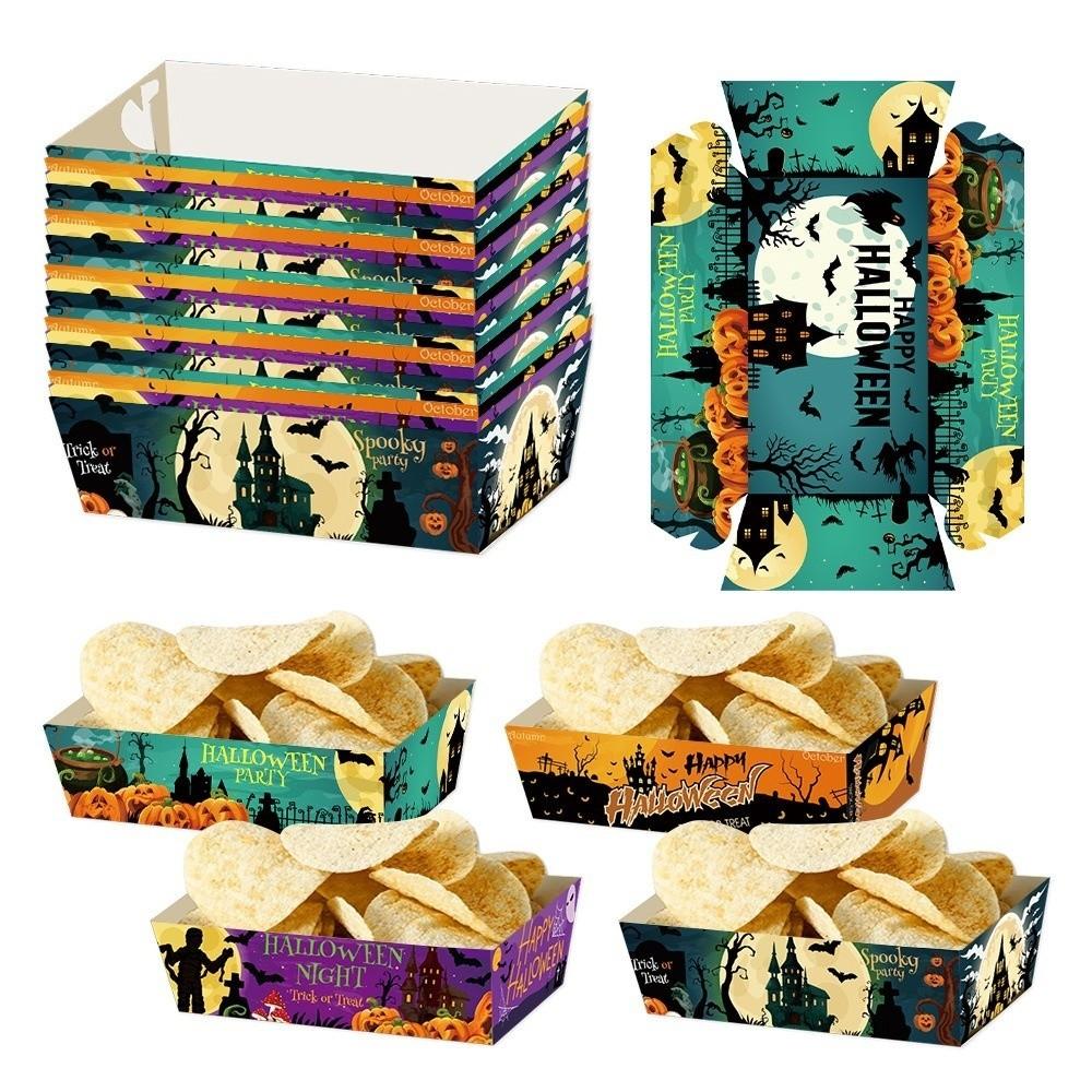 12pcs Sturdy Halloween Party Tray Rectangular Snack Paper Boxes Cookie Tray Halloween Party