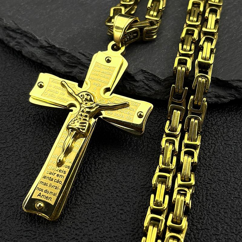 Christian Portuguese Bible Jesus Cross Necklace Cruz Pendant for Men Women Stainless Steel Gold Color Punk Chain Jewelry Gift