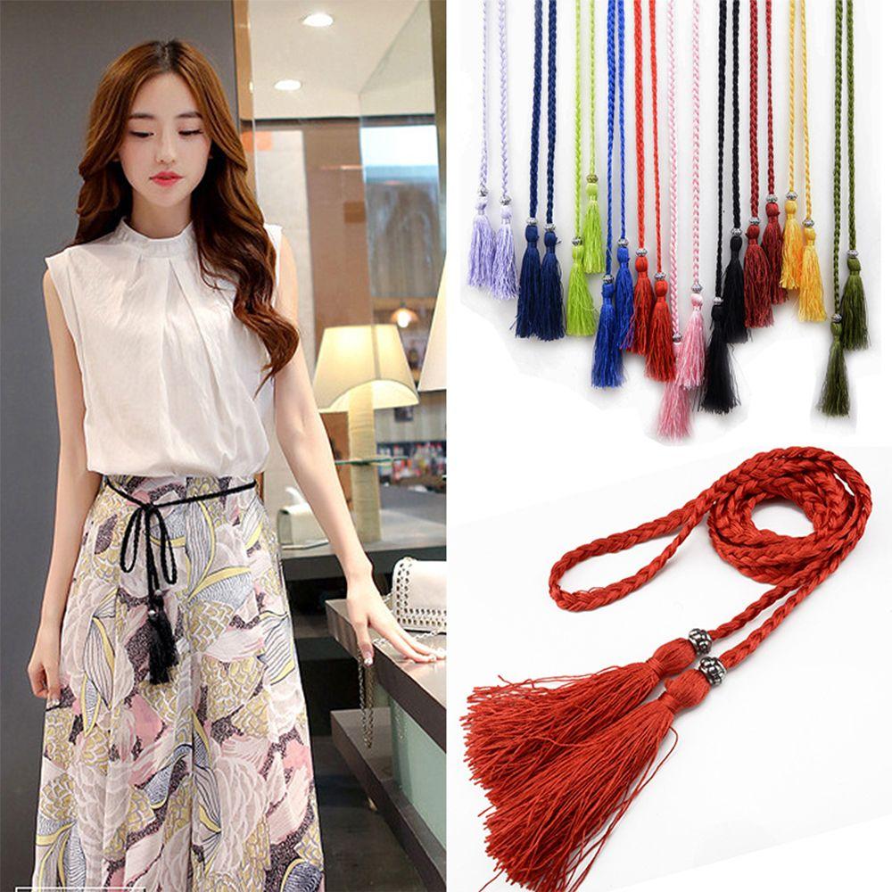 Decorated Thin Dress Bow Waistband Woven Rope Waist Chain Tassles Belts Waist Rope Braided Belts
