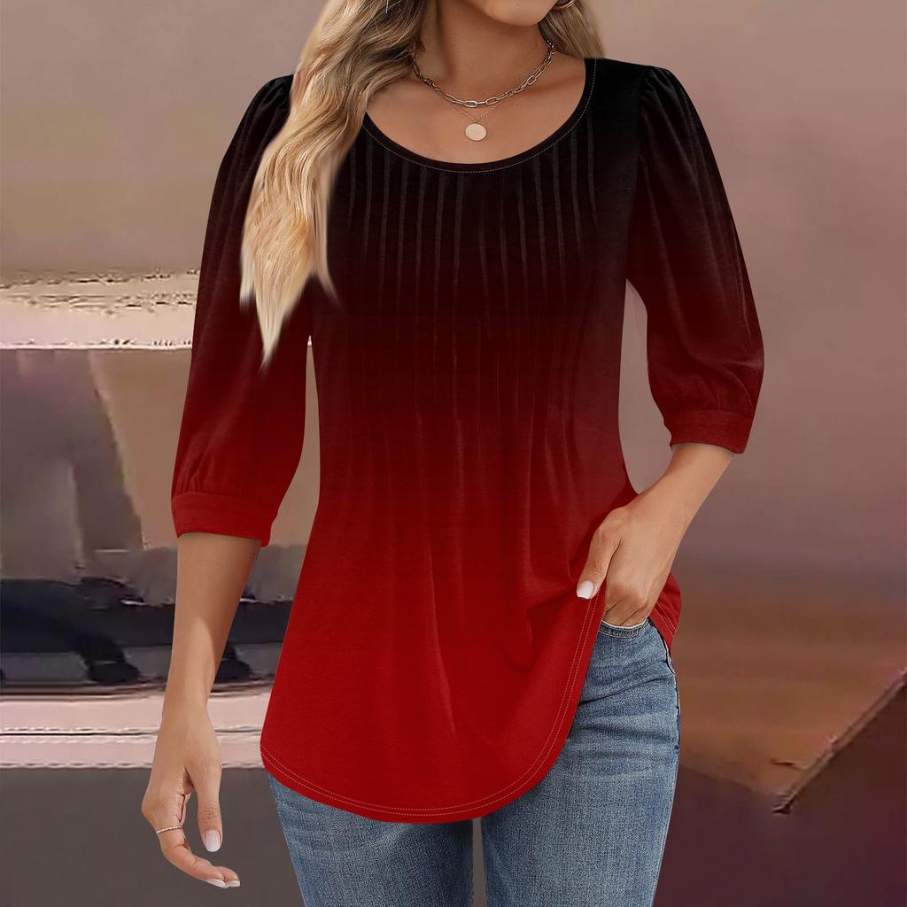 Женские туники с пышными рукавами 3/4, топы, плиссированные блузки с воротником, повседневные свободные весенне-летние футболки
