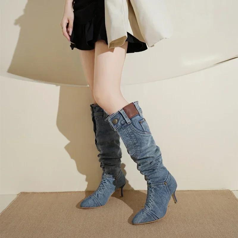 Woman Pointed Toe Knight Boots Women Retro Knee High Boots Woman Autumn Winter Western Cowboy Long Botas Mujer