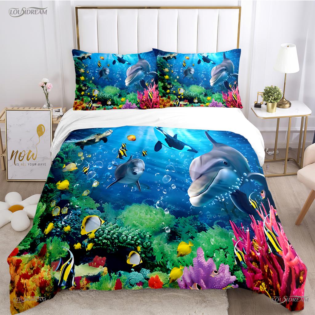 3D Ocean World Dolphin Whale Fish Duvet Cover Comforter Beding Set Soft Quilt Cover and Pillowcase for Single/Double/Queen/King