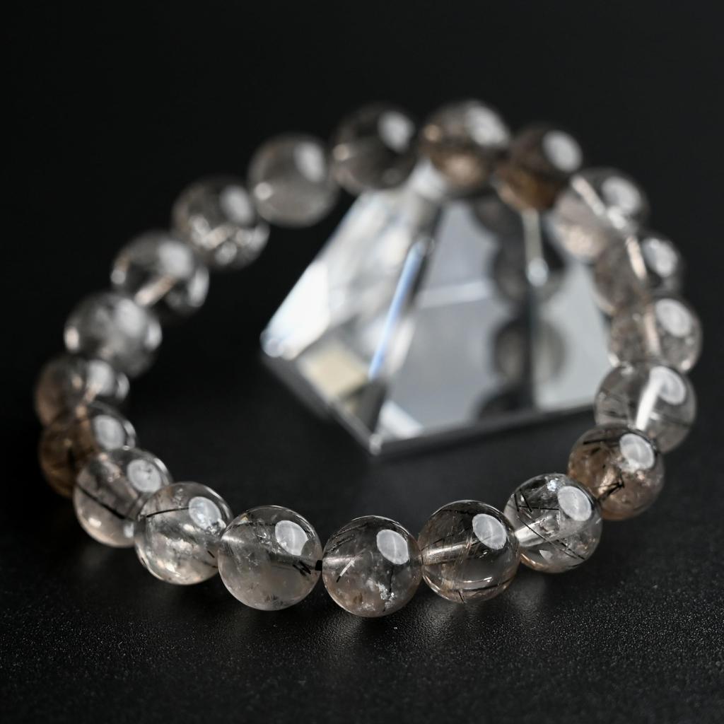 Черный Дымчатый Кварц с Рутилом Браслет Турмалин на запястье 16 см Лимитированный Натуральная Сила Молитва Удача Фэн-шуй [Eigado] (Черный кварц), Камень 9,5 мм,