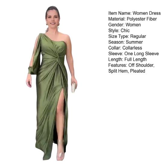 Lady Evening Dress One Shoulder Single Open Sleeve Split Hem Solid Color Slim Waist Pleated Knot Decor Solid Color Prom