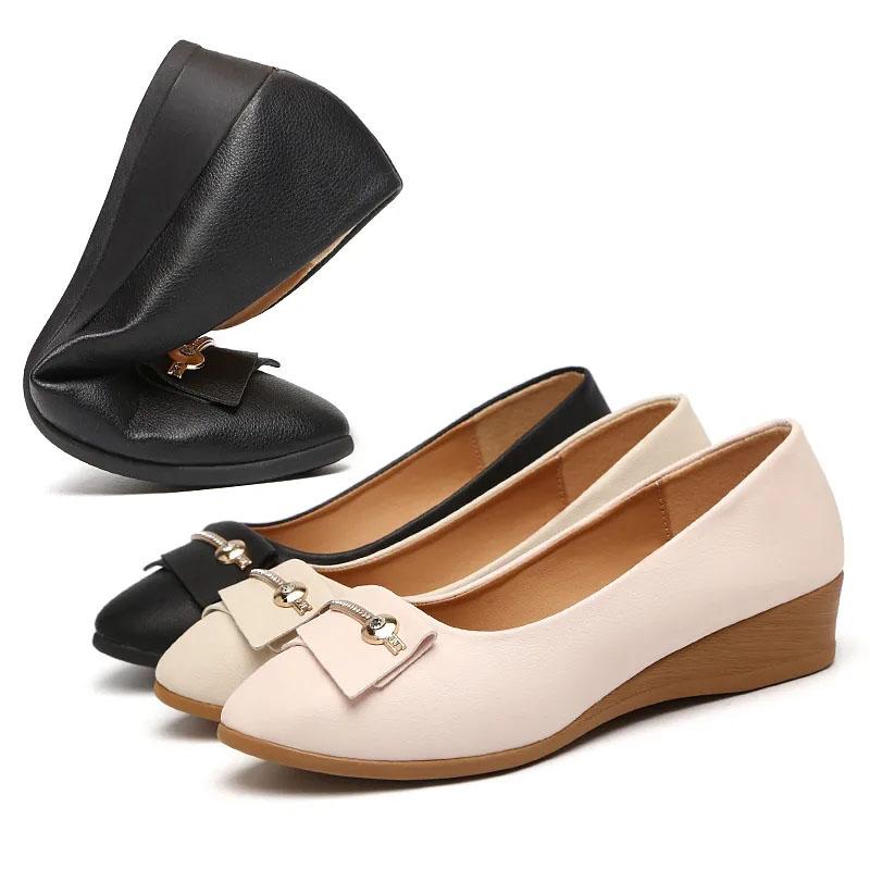 Women's Spring Summer Slip-on PU Single Shoes Solid Color Large Size Wedge Heel Doudou Shoes Lightweight Mother Casual Work Shoes