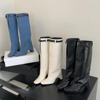 2026 Зимний Уличный Стиль Пряжка Ремня Ремешок Ботфорты до Колена Женские Квадратный Высокий Каблук Ботильоны Туфли Стриптизерши