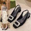 Fashion Luxury Crystal Mid Heels Women Sandals Party Shoes Summer New Chunky Slingback Slippers Designer Sexy High Heel Pumps