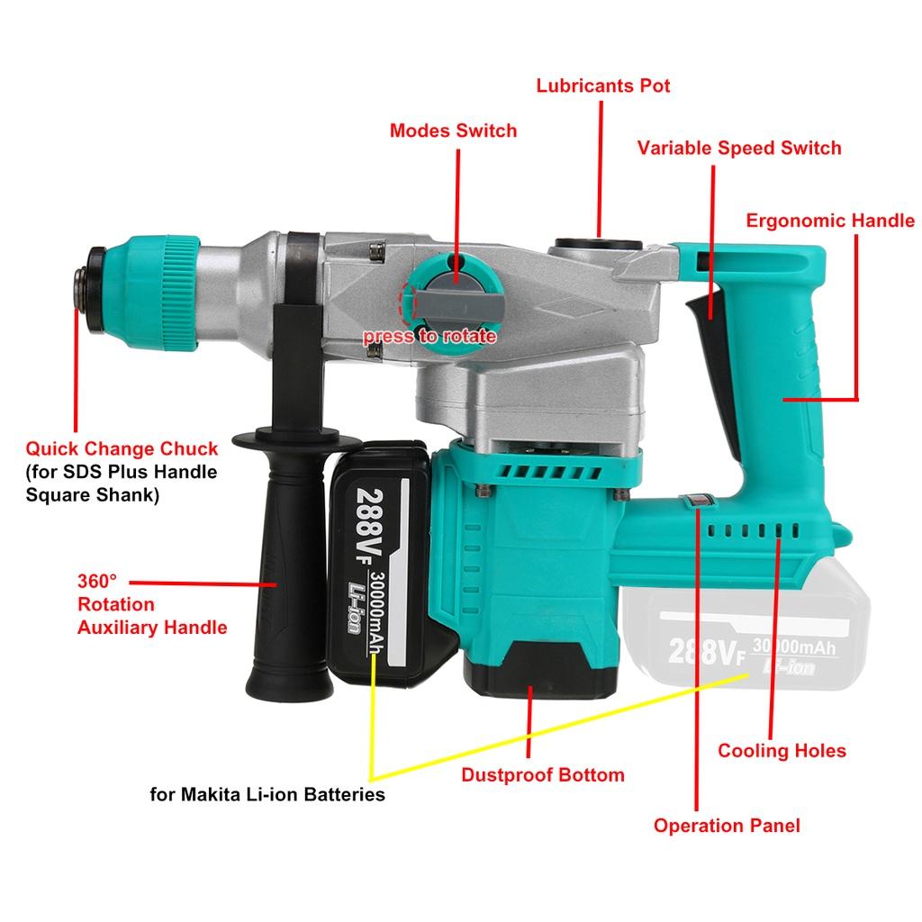 Беспроводная электрическая ударная дрель-перфоратор, перезаряжаемая бесщеточная перфораторная дрель 288VF, электрический инструмент для литий-ионных аккумуляторов Makita
