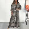 Women Jumpsuit Leopard Print Wide Leg V Neck Mid Sleeve Ruffle Patchwork High Waist Loose Full Length Commute Beach Long Jumpsuit