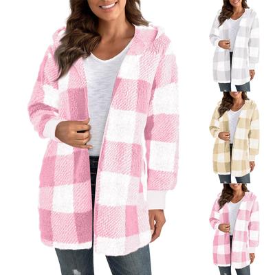 Женские зимние пальто, теплые плюшевые куртки, открытый спереди, длинный рукав, кардиган, модная клетчатая пушистая верхняя одежда