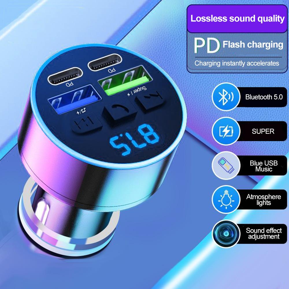 Bluetooth 5.0 FM Transmitter Car Phone Charger MP3 Music Player Car USB Cigarette Lighter Car Charger PD Fast Charging