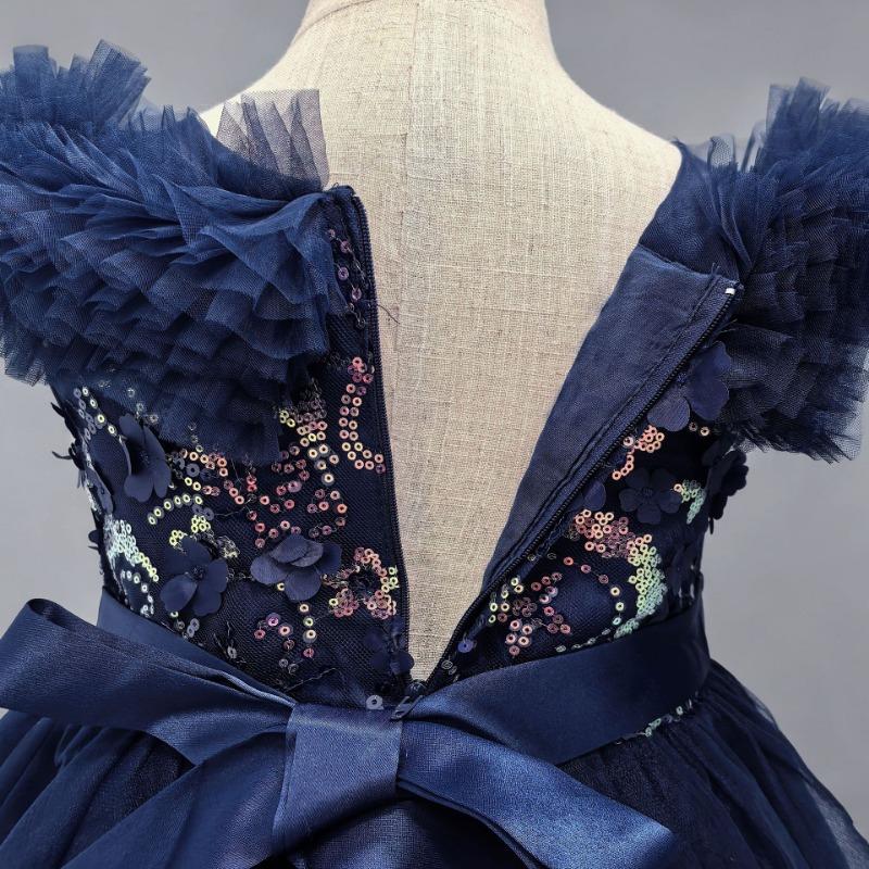 Girls Navy Blue Tulle Princess Ball Gown Flower Girl Dress
