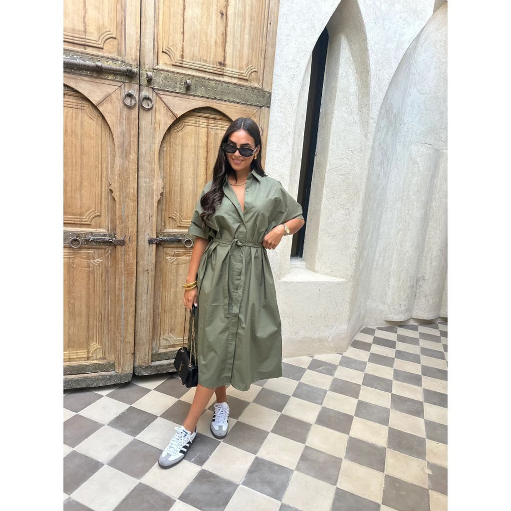 Women's Shirt Collar Short Sleeve Loose Fit Waist Tie Solid Color Shirt Dress