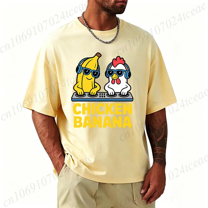 Funny Chicken Banana Meme Tee Shirts Chicken Banana DJ Music Print Oversized Tshirt Street Style Casual Short Sleeve Tee Tops