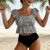 2 шт./комплект Женский купальник Комплект Квадратный вырез Воланы Короткий рукав Полосатый принт Топы Высокая талия Плавки Комплект купальных костюмов