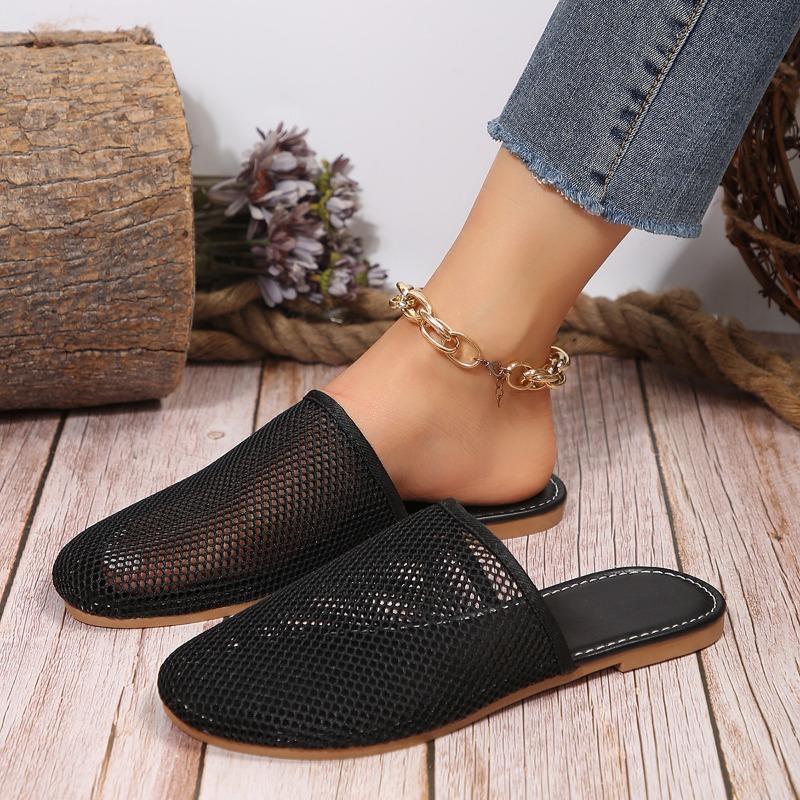 Тапочки на плоской подошве в форме сетчатого хлеба для женщин, простые, большого размера, ленивые, перфорированные, дышащие, классные тапочки