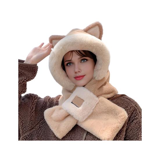 Thermal Elastic Scarf Hat Bear Ear Decor Autumn Winter 2 In 1 Scarf Hat Outdoor Activities Skiing Camping Warm Headwear