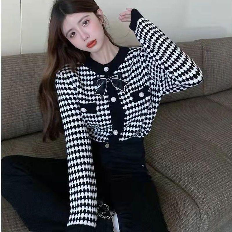 Cardigan Spring and Autumn 2022 Long Sleeve Wear Loose Sweaters Knitting Bottomed Bow Fragrant Cardigan Female Coat
