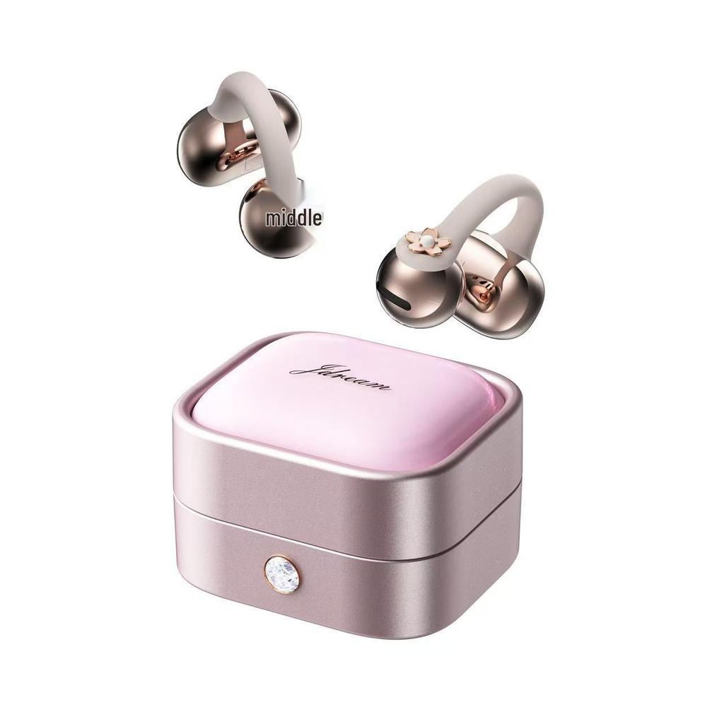 Limited Edition Pink Diamond Ear-Clip Bluetooth Headphones: Secure, Long-Wear Design, Perfect Gift Set in Jewelry Box for Girlfriend/Lover