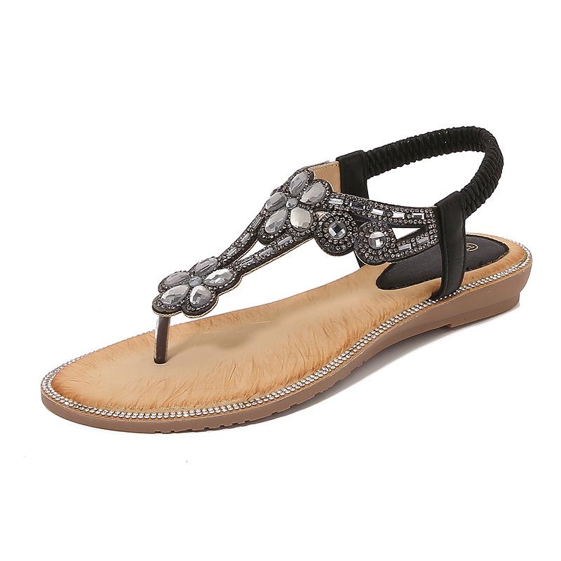 Босоножки большого размера со стразами, с круглым носком, на плоском каблуке, с выемкой, в стиле бохо, удобные женские летние туфли