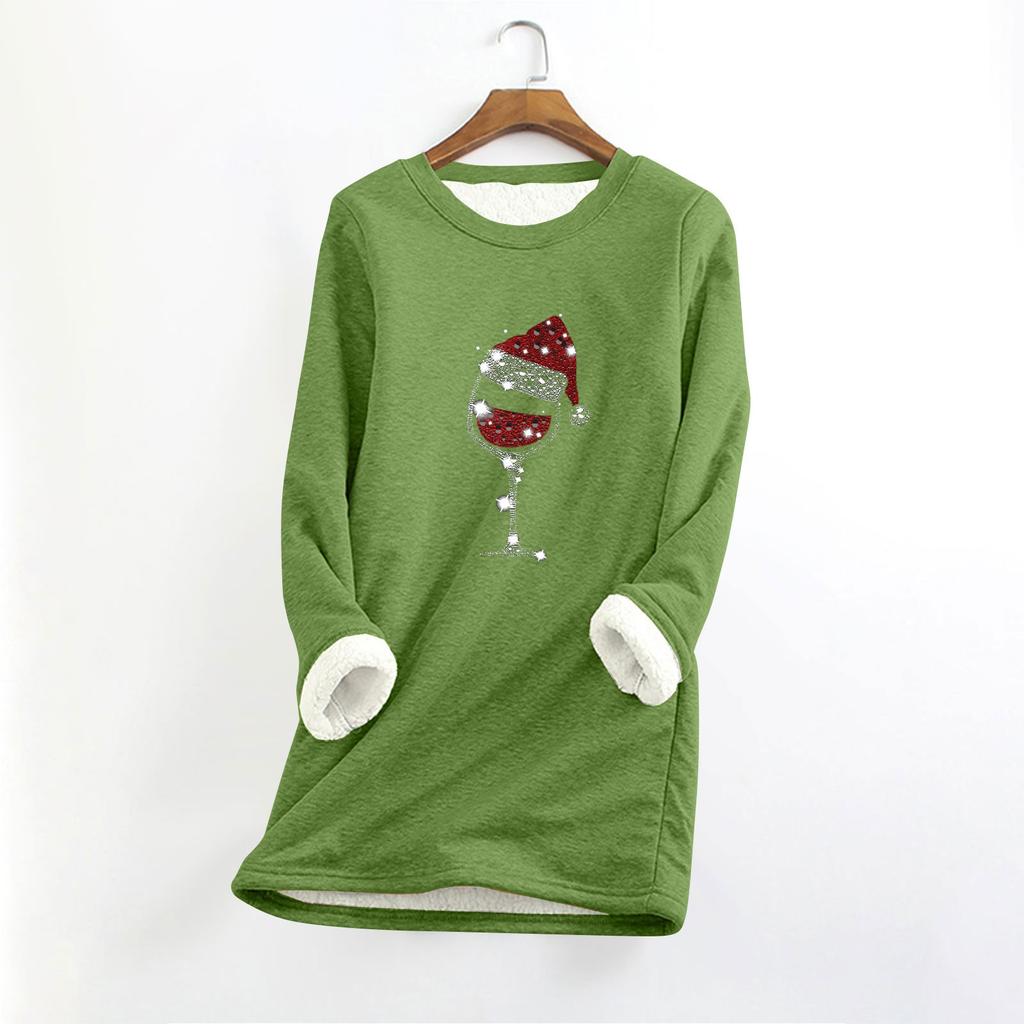 Женский круглый вырез с длинным рукавом и рождественским принтом, утолщенный плюшевый кашемировый теплый длинный топ